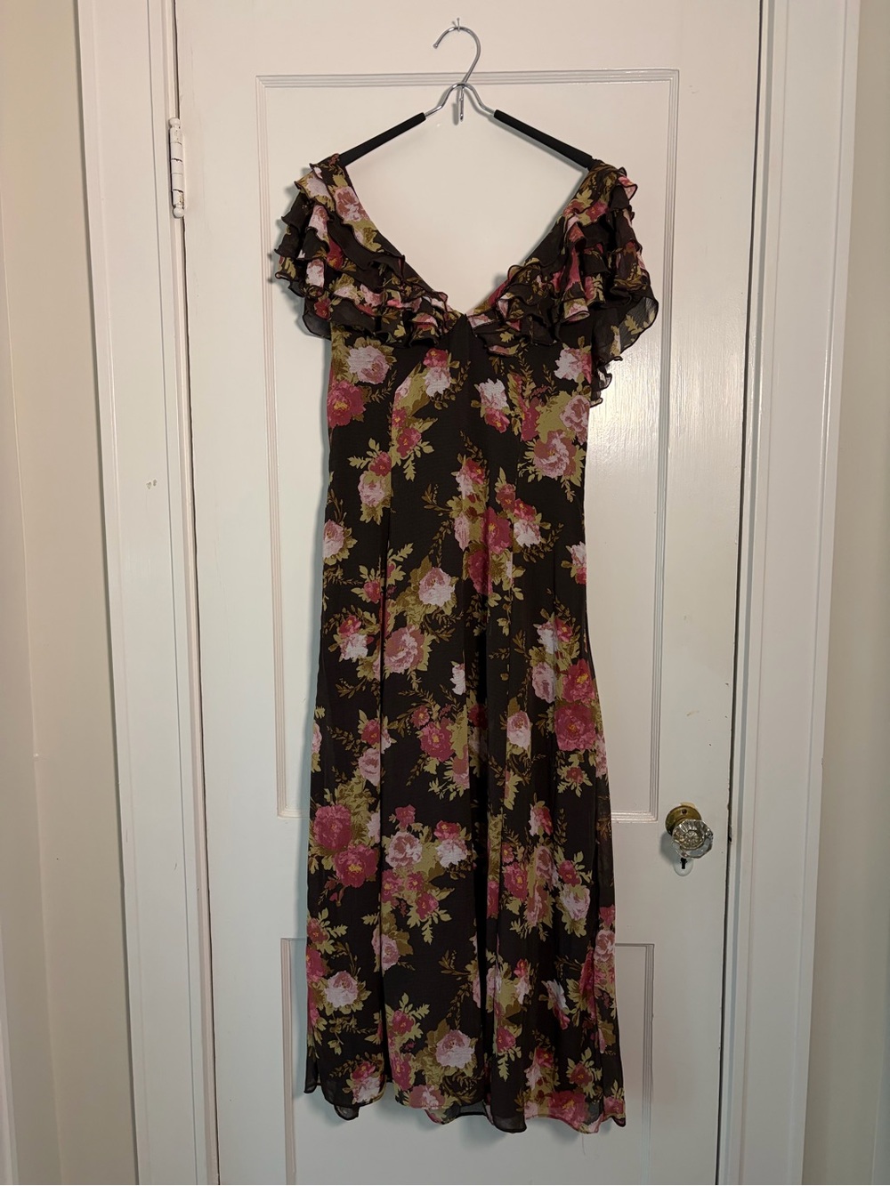 Floral Ruffle Off-Shoulder Midi Dress - Black/Pink